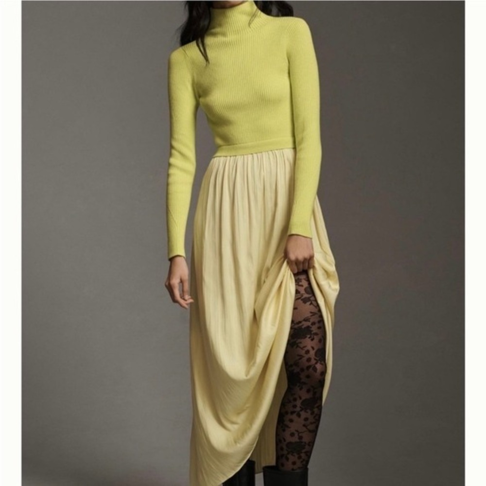 Anthropologie Thea Twofer Sweater Dress‎ L Chartreuse Yellow Ribbed Maxi Pleated